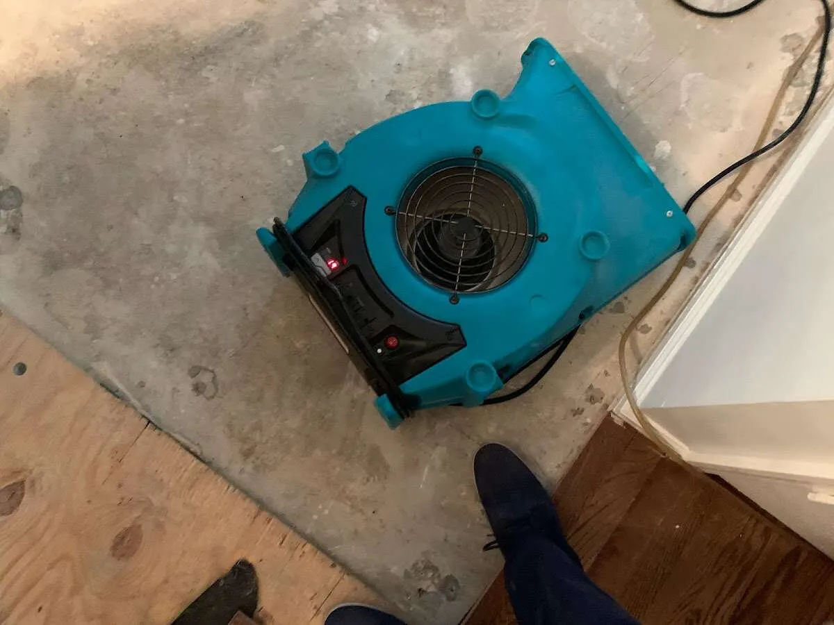 Air mover drying subfloor during Commercial Water Damage Restoration in Washington
